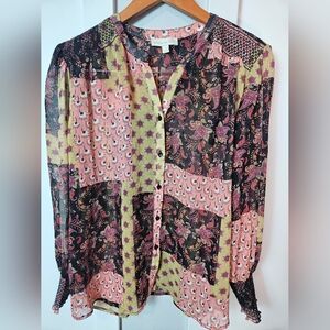 Alex & Lili Boho Patchwork Paisley Sheer Button Down Blouse - Size Large